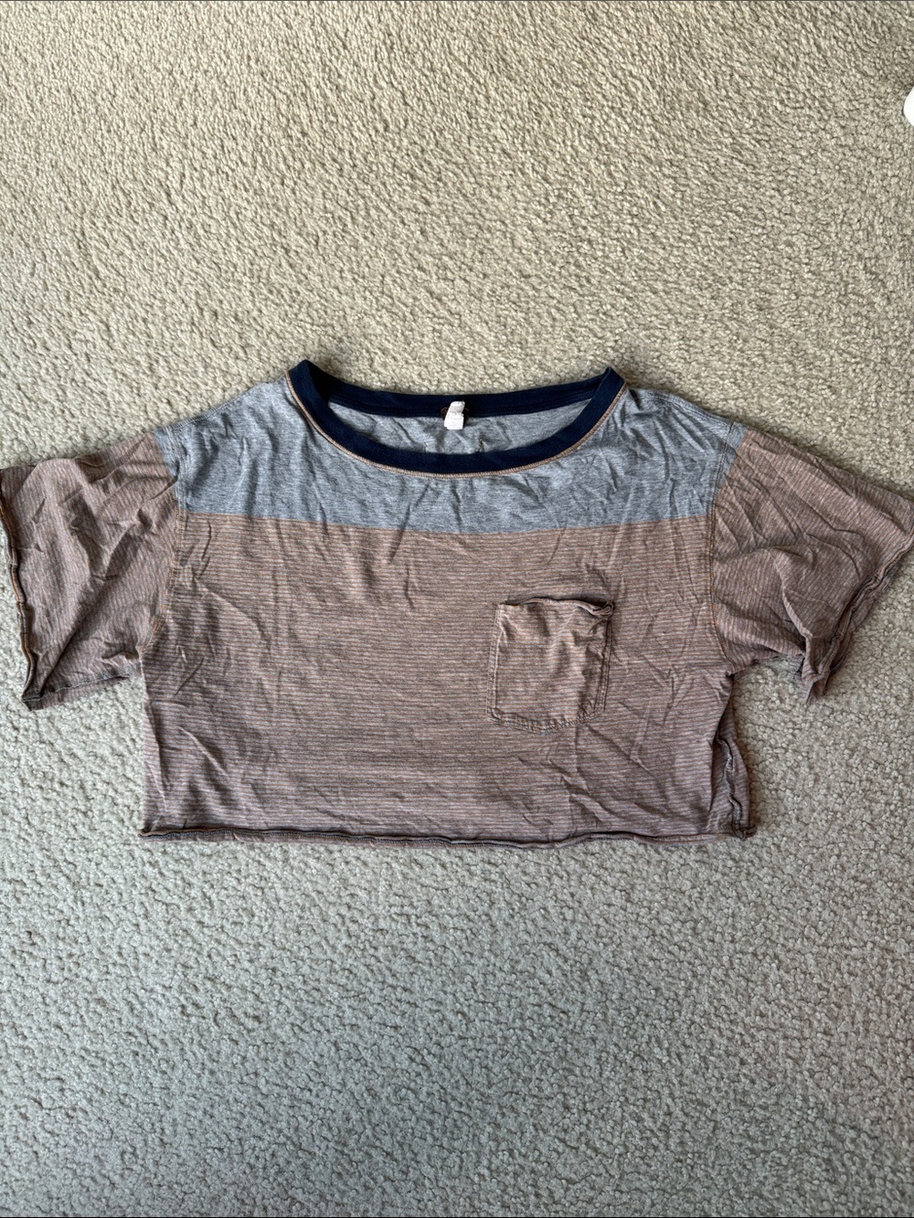 We The Free Striped Colorblock Crop Top - Orange & Light Gray with Navy Trim